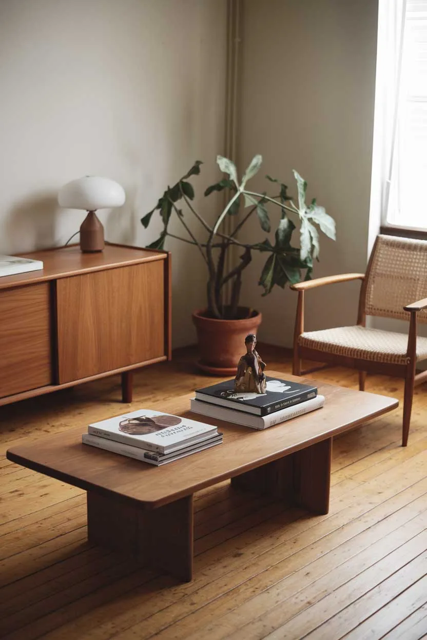 A natural minimalism interior design idea. The room has a wooden floor and a few pieces of furniture. There is a wooden coffee table in the middle of the room, with a few books and a lamp on top of it. Next to the table, there is a wooden chair. In the corner of the room, there is a potted plant. The walls are painted in a light color.