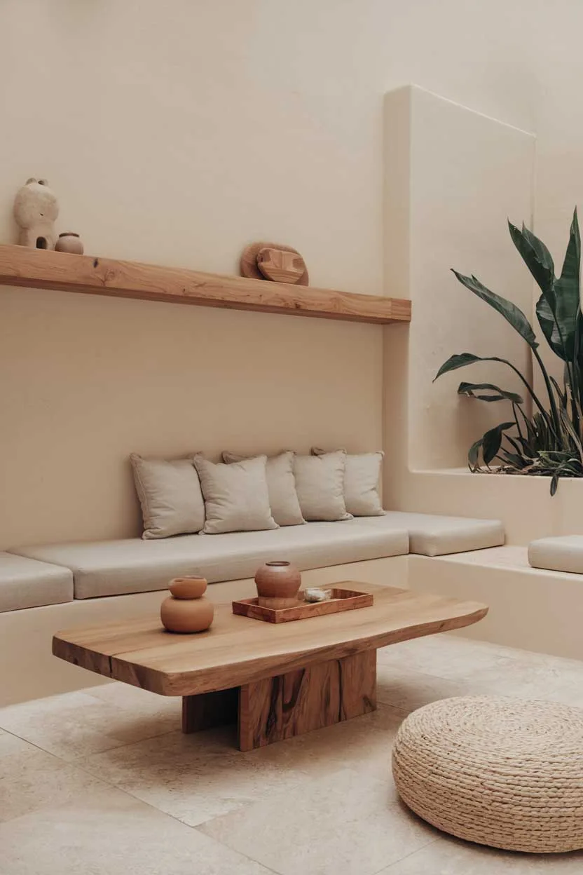 A natural minimalism interior design idea with a beige and wooden interior. The room has a beige couch, a wooden coffee table, and a few beige cushions. There's a wooden shelf above the couch with a few decorative items. The floor is made of beige tiles. The wall behind the couch is painted white. There's a large plant in the corner. The lighting is soft.