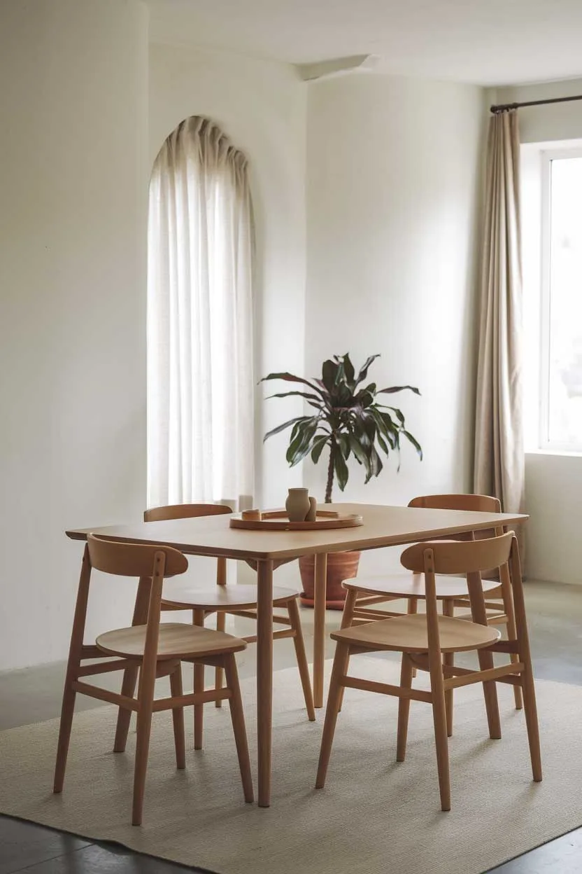 A natural minimalism interior design idea with a wooden dining table, wooden chairs, and a potted plant. The room has white walls and a beige rug. There is a window with a curtain. The lighting is soft.