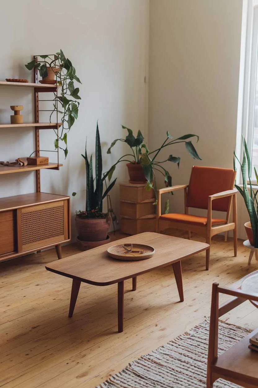 A natural minimalism interior design idea. The room has a wooden floor and a few pieces of furniture made of wood. There's a wooden coffee table in the middle of the room. On the left, there's a wooden shelf with a few items. On the right, there's a wooden chair. The room has a few potted plants. The walls are painted white.