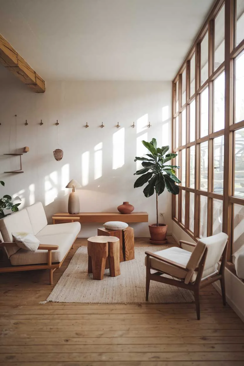 A natural minimalism interior design idea. The room has a wooden floor and is furnished with a beige sofa, a few wooden stools, and a potted plant. The walls are white and have a few hooks. There is a large window with wooden frames, letting in natural light. The room has a few decorative items, such as a lamp and a vase. The overall design is simple and serene