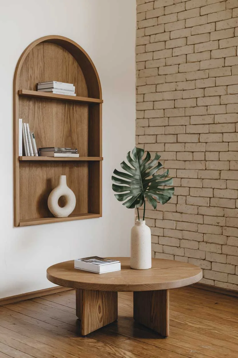 A natural minimalism interior design idea with a few elements. There's a wooden coffee table in the middle of the room. On the table, there's a green plant with a few leaves and a white vase. On the left wall, there's a large wooden shelf with a few books and a white vase. The floor is made of wood. The wall is made of brick.