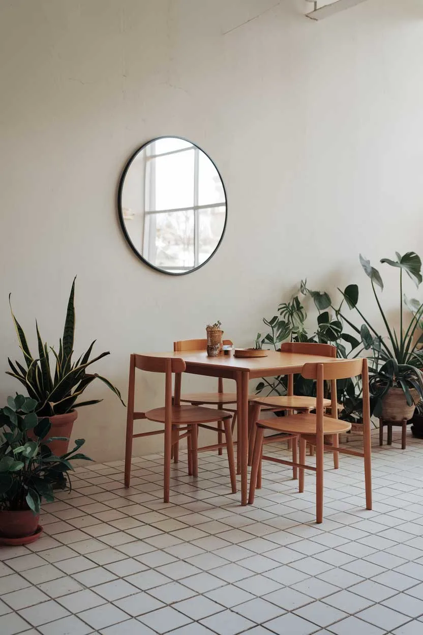 A natural minimalism interior design idea. There's a wooden dining table with four chairs, placed near a wall. On the wall, there's a large, round mirror with a black frame. The floor is covered with white, square tiles. The room has a few potted plants, adding a touch of greenery to the space.