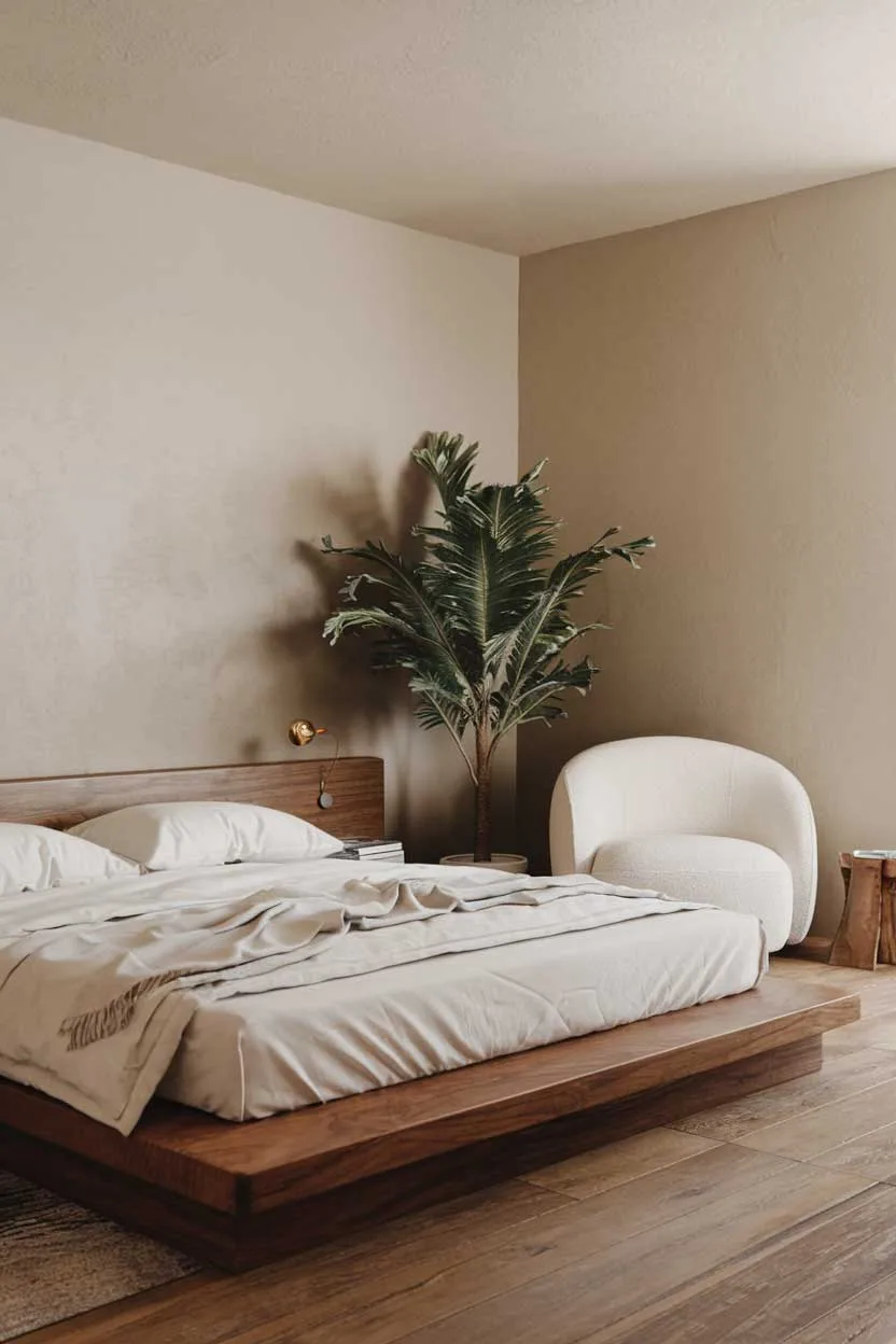 A natural minimalism interior design idea for a bedroom. The room has a wooden platform bed with white linens. There is a white chair in the corner. The walls are beige. There is a potted plant near the bed. The floor is made of wood.