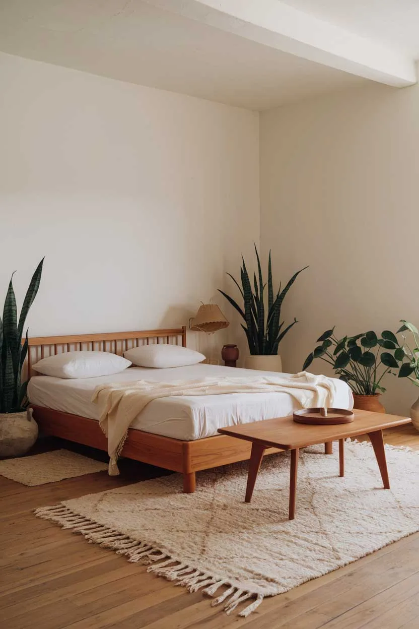 A natural minimalism interior design idea for a bedroom. The room has a wooden floor and white walls. There is a queen-sized bed with a wooden frame and a white mattress. The bed has two white pillows and a beige blanket. There is a beige wool rug beneath the bed. The room has a wooden coffee table near the bed. The lighting is soft. The room has a few plants, including a snake plant and a pothos. The room has a few decorative items, such as a ceramic lamp and a wooden tray.