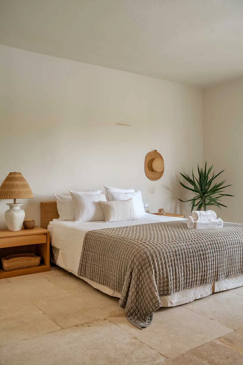 A bedroom with a natural minimalist interior design. The room has a queen-size bed with a woven grey blanket and white pillows. There's a wooden nightstand beside the bed with a lamp. The walls are painted white. The floor is made of beige tiles. There's a potted plant in the corner.