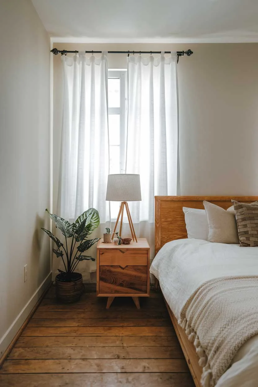 A bedroom with a natural minimalism interior design. There is a wooden bed with a white blanket and a few pillows. There is a wooden nightstand next to the bed with a lamp and a plant. The walls are painted white and there is a large window with white curtains. The floor is made of wooden planks.