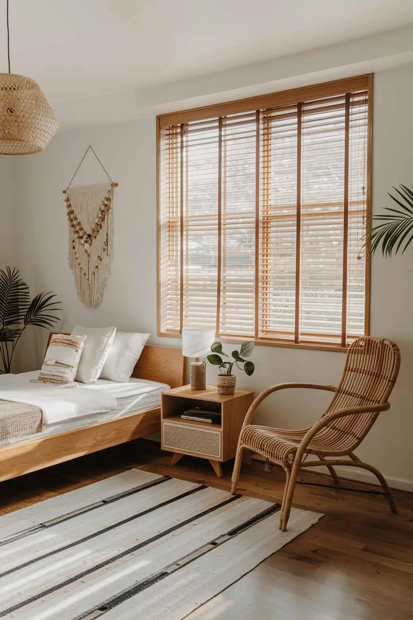 A natural minimalism interior design idea for a bedroom. The room has a wooden floor, a large window with wooden blinds, and a few furniture pieces. There's a wooden bed with a white sheet and a few pillows. Next to the bed, there's a wooden nightstand with a lamp and a plant. In the corner, there's a rattan chair. The walls are painted white. The room has a few decorative items, including a wall hanging and a small plant. The room is filled with natural light.