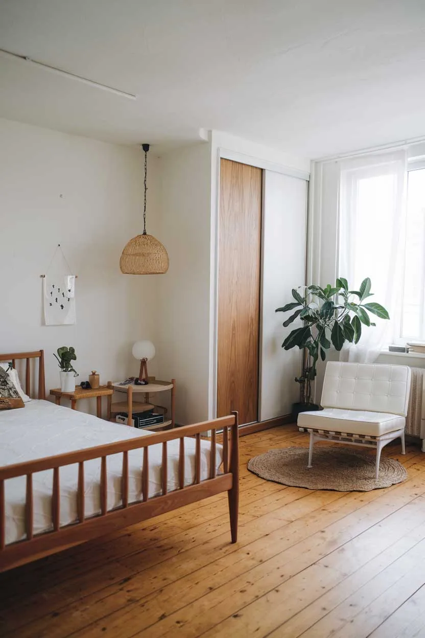 A bedroom with a natural minimalism interior design. The room has a wooden floor and white walls. There is a wooden bed with a white mattress. There is a white chair in the corner. The room has a few pieces of furniture, including a nightstand, a lamp, and a closet. There is a plant near the window. The room has a few personal items, such as a lampshade and a decorative pillow.