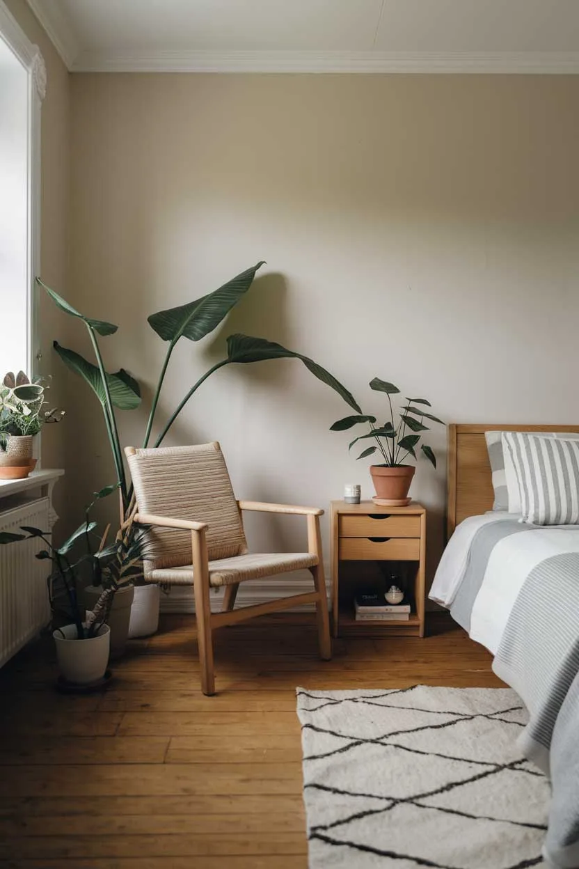 A bedroom with a natural minimalism interior design. The room has a wooden floor and is furnished with a bed, a nightstand, and a chair. There are also a few potted plants in the room. The walls are painted in a light color.