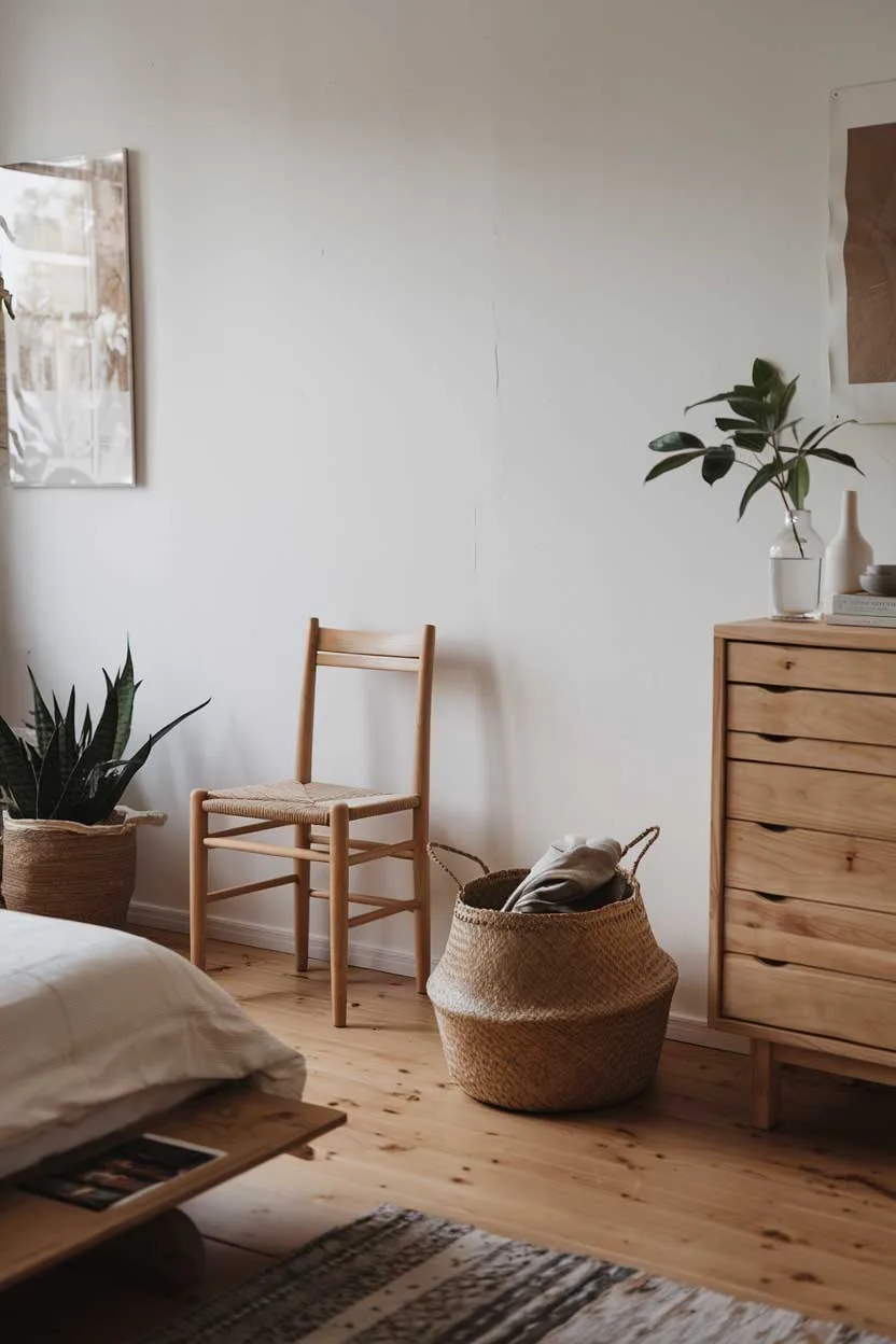 A natural minimalist bedroom with a wooden floor. There's a wooden dresser with a few items on top. A woven basket sits on the floor and contains folded clothes. A simple wooden chair is placed near the wall. A potted plant sits on the floor. The room has a few pieces of artwork on the wall. The lighting is soft.