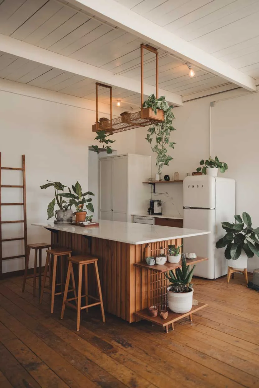 A natural minimalism interior design idea for a kitchen. The room has a wooden floor and white walls. There's a wooden kitchen island with a white marble top, a few stools, and some potted plants. There's a white cabinet against the wall, and a white refrigerator. The room has a few potted plants and a wooden ladder. The lighting is warm.