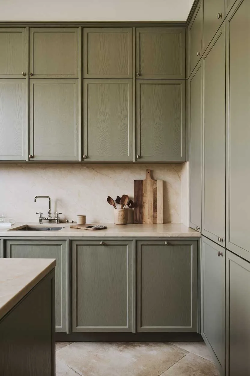 A natural minimalism interior design idea for a kitchen with wooden cabinets, a marble countertop, and a stainless steel sink. The cabinets are painted in a muted green hue, and the countertop is a light beige marble. There is a wooden cutting board and a few utensils on the countertop. The floor is made of beige tiles