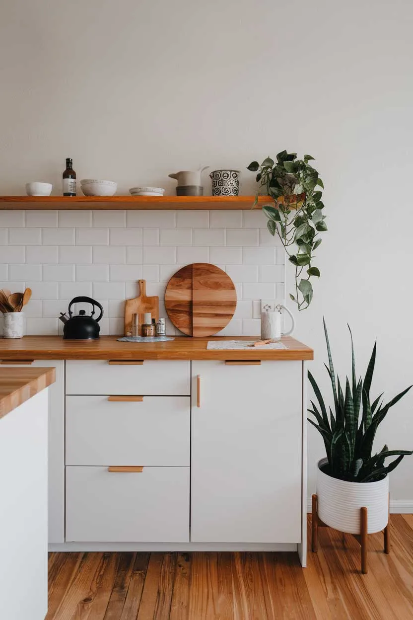 A natural minimalism interior design idea for a kitchen. The kitchen has a wooden countertop and a white cabinet. There is a black kettle and a wooden cutting board on the countertop. A potted plant is placed near the cabinet. The floor is made of wooden planks