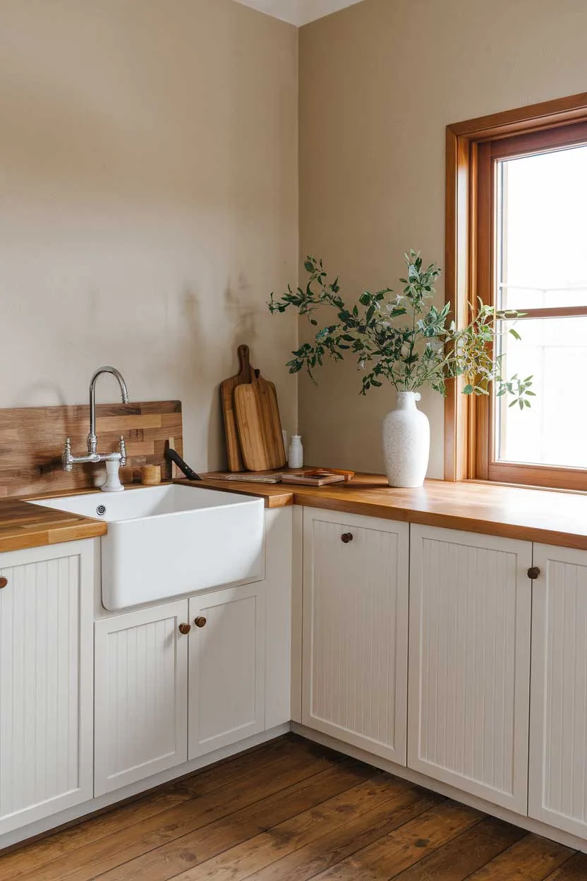 A natural minimalism interior design idea for a kitchen. The kitchen has a wooden floor and white cabinets with wooden countertops. There is a white sink with a wooden backsplash. A wooden cutting board and a knife are placed on the countertop. A white vase with a green plant is placed on the countertop near the window. The walls are painted beige. There is a window with a wooden frame.