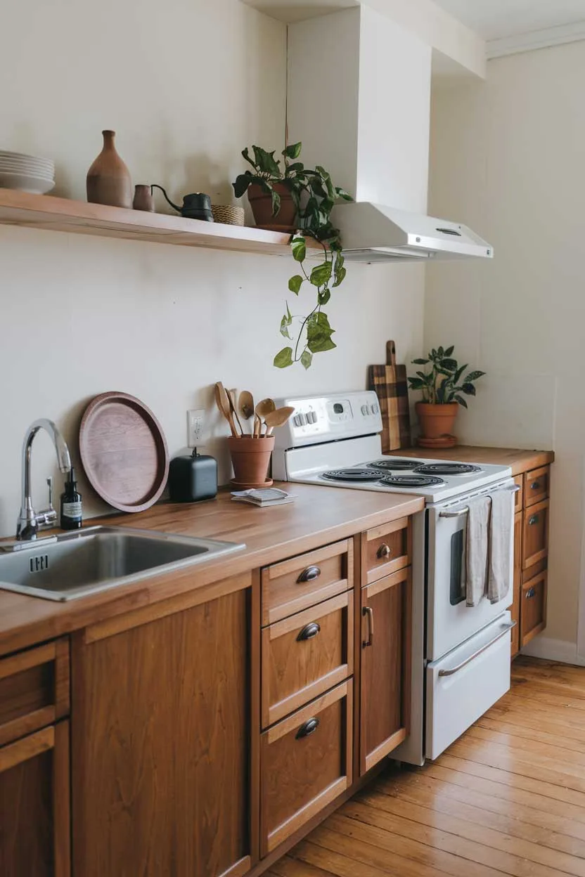 A natural minimalism interior design idea for a kitchen. The kitchen has wooden countertops and cabinets. There's a white stove and a stainless steel sink. A few potted plants, a wooden tray, and a few utensils are placed on the countertop. The floor is made of wood. The walls are painted white.