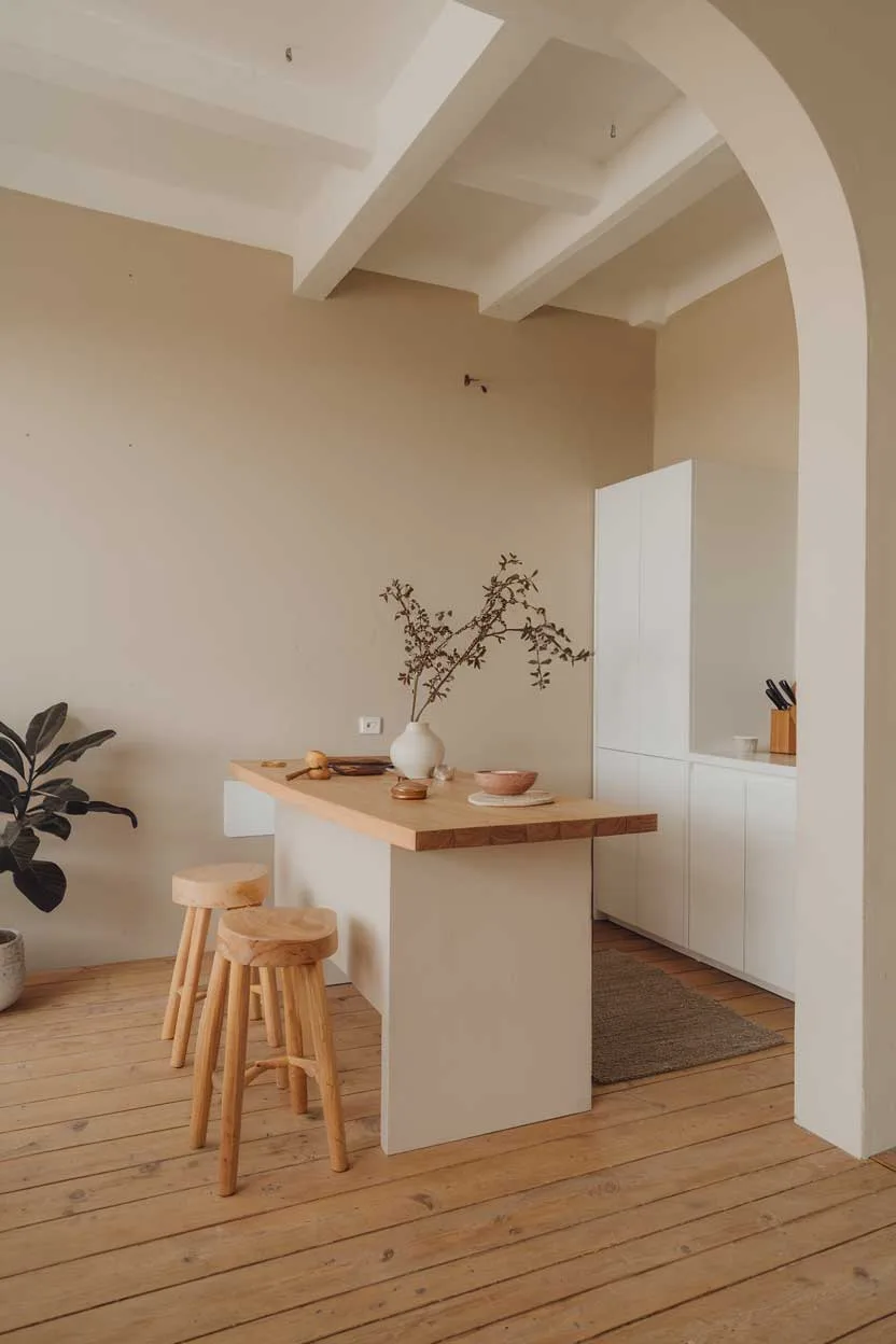 A minimalist kitchen with a wooden floor and beige walls. There is a white kitchen island with a few items on it, including a plant, a bowl, and a wooden spoon. There is a white cabinet next to the kitchen island. The room has a few natural elements, like the plant and the wooden floor, which give it a warm and inviting feel.