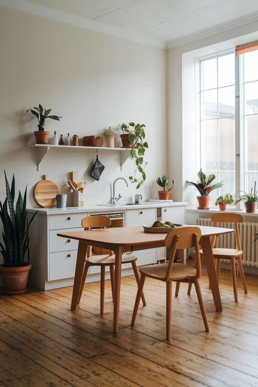 A natural minimalism interior design kitchen. The kitchen has a wooden floor and features a few key elements: a large wooden table with a few chairs, a few potted plants, a few decorative items, and a few cooking utensils. The walls are painted white, and there is a large window with natural light.