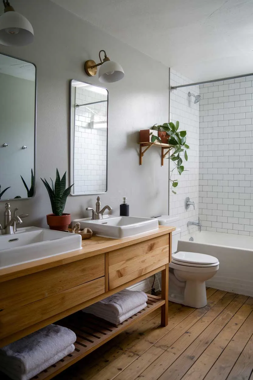  A natural minimalism interior design  bathroom. The bathroom has a wooden vanity with two sinks, a mirror above the sinks, and a potted plant. The walls are painted in a light gray hue. There's a white toilet and a white bathtub. The floor is made of wooden planks. A white lamp is placed on the wooden vanity. The overall design is serene and calming.