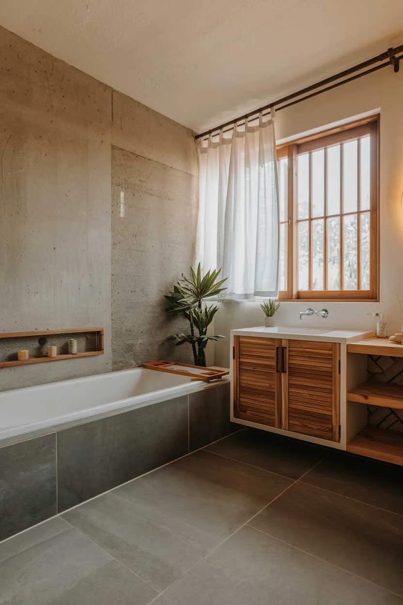 A bathroom with a natural minimalist design. The room features a concrete wall, a wooden vanity cabinet with a white countertop, a white bathtub, and a wooden shelf. There's a potted plant next to the vanity. The floor is covered with large gray tiles. The room has a window with wooden bars and a white curtain. The lighting is warm.