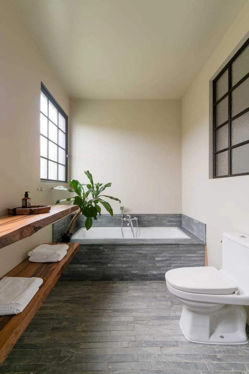 A bathroom with a natural minimalist design. The room has a wooden floating shelf and a potted plant. There's a white bath tub and a toilet. The floor is made of gray tiles. The walls are painted beige. There are white towels on the shelf. The room has a window with frosted glass.