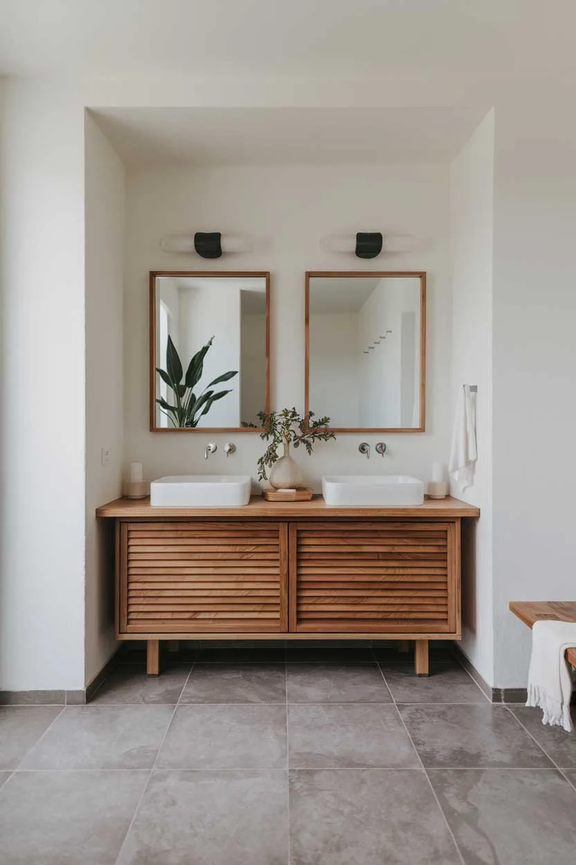 A natural minimalism interior design concept for a bathroom. The room contains a wooden vanity with two sinks and a mirror above. There is a plant next to the mirror. The floor is covered with large gray tiles. The walls are painted white. There is a white towel on the right side of the room. The lighting is soft.