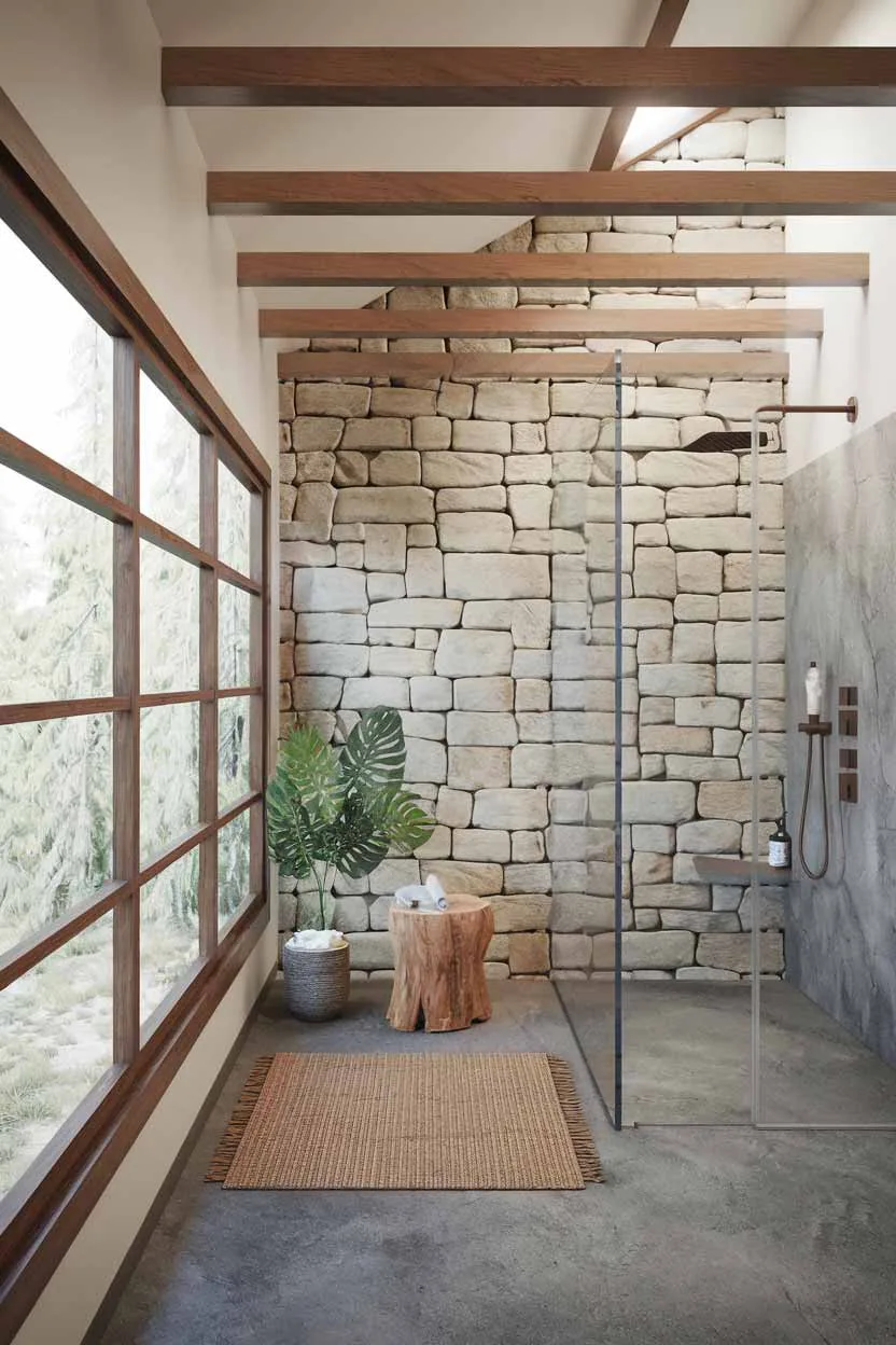 A natural minimalism interior design idea for a bathroom. The bathroom has a large window with wooden beams, allowing natural light to fill the space. There is a wooden beam across the ceiling. On the ground, there is a small rug made of natural fibers, a wooden stool, and a potted plant. The walls are made of stone. There is a shower area with a glass door. The floor is made of concrete.