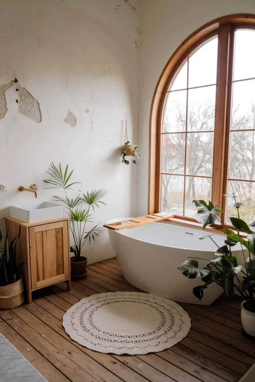 A natural minimalism interior design bathroom. The bathroom has a wooden floor and features a large, white bathtub placed near a large, wooden window. There's a small, white sink with a wooden cabinet beneath it, positioned near the bathtub. A white, woven rug lies on the floor. A few potted plants add a touch of nature to the space. The walls have a few marks, adding to the room's rustic charm.