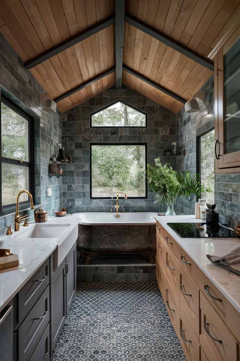 Natural stone tiles installed in a tiny home bathroom or kitchen, highlighting the high-end, luxurious feel they bring to the space.