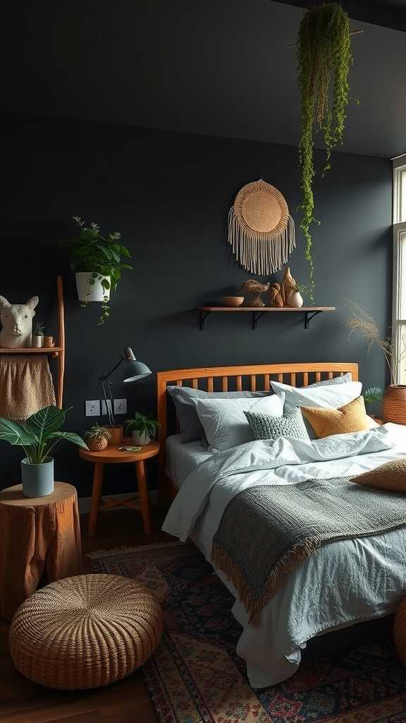 A dark boho bedroom featuring rich green plants and warm decor.