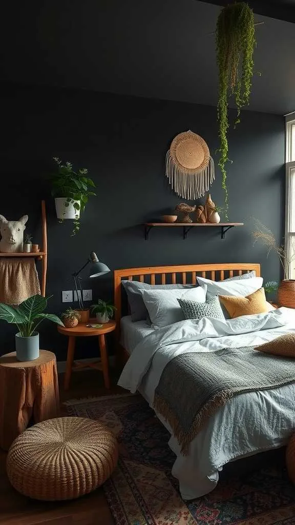 20 Unique Dark Boho Bedroom Ideas for a Bold Statement 1 A dark boho bedroom featuring rich green plants and warm decor.