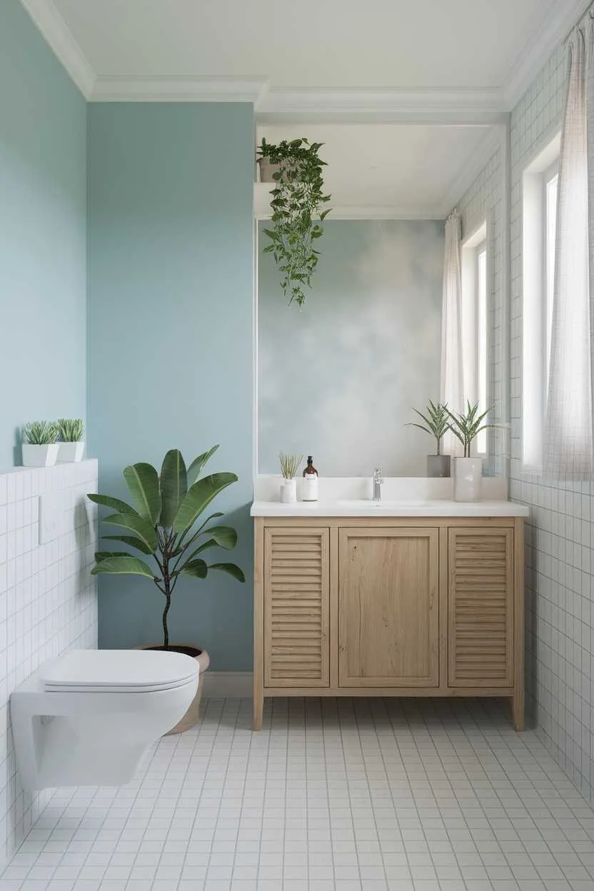 14 Light Blue Bathroom Ideas to Inspire Your Space 10 A light blue bathroom featuring natural elements like plants and wooden accents.