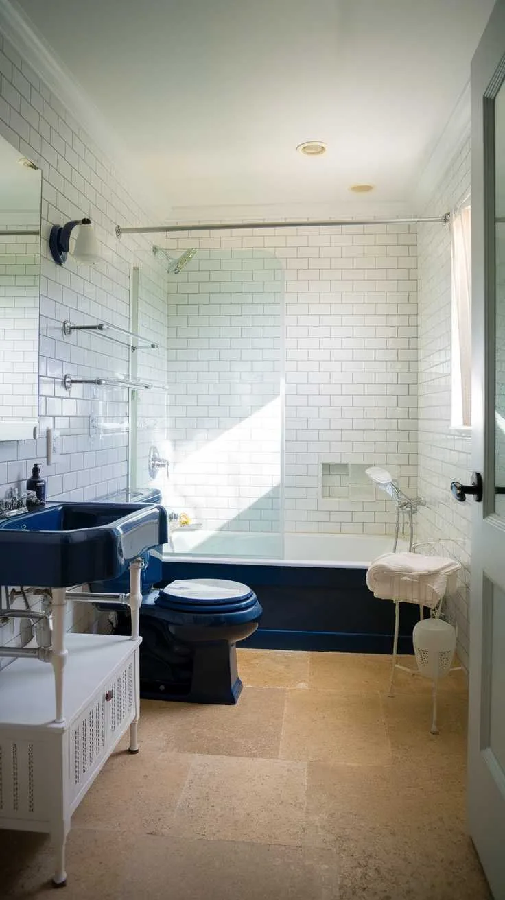 A navy blue bathroom with natural light illuminating the space.