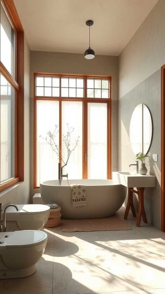 A beautifully designed wabi-sabi bathroom with large windows allowing natural light to fill the space.