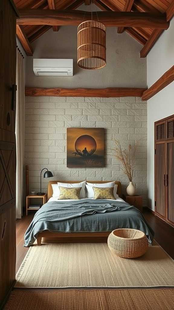 A cozy wabi sabi bedroom featuring natural materials like wood, linen, and stone.