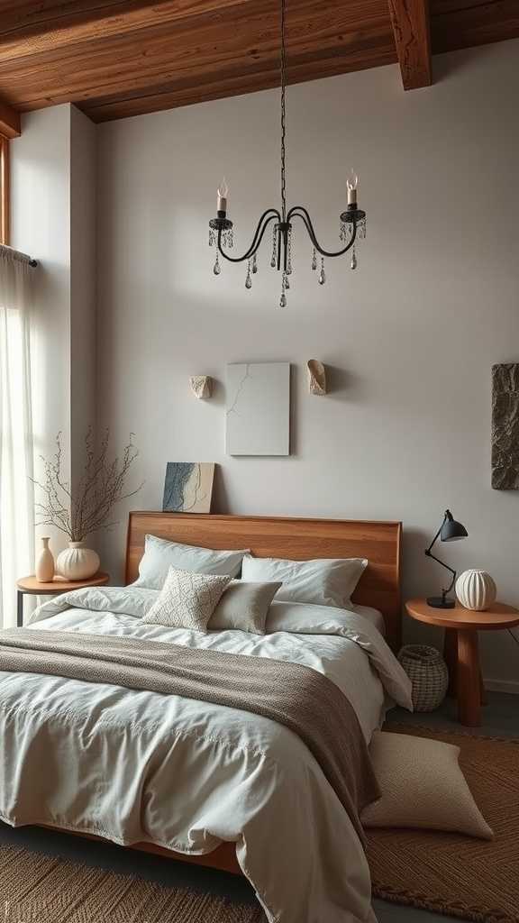 A beautifully designed bedroom featuring natural stone accents, a cozy bed, and warm lighting.