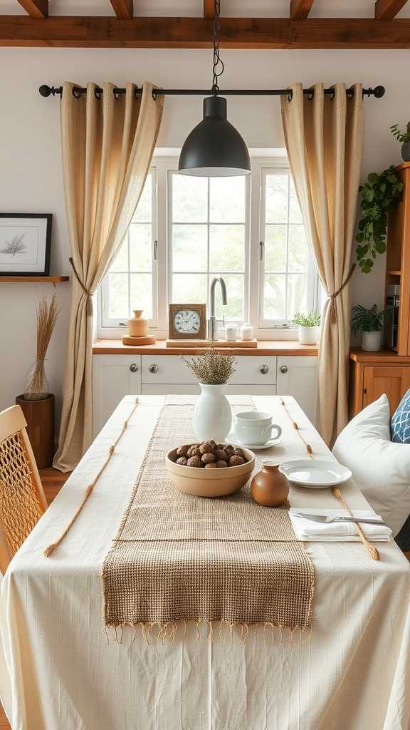 Cozy farmhouse kitchen with natural textures and rustic decor.