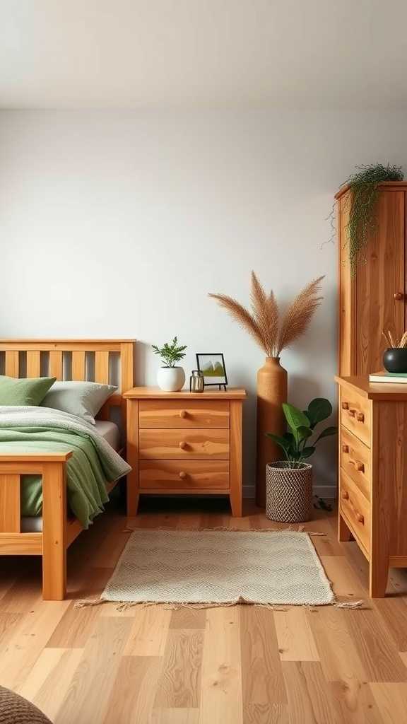 A cozy bedroom featuring olive green decor and natural wood furniture