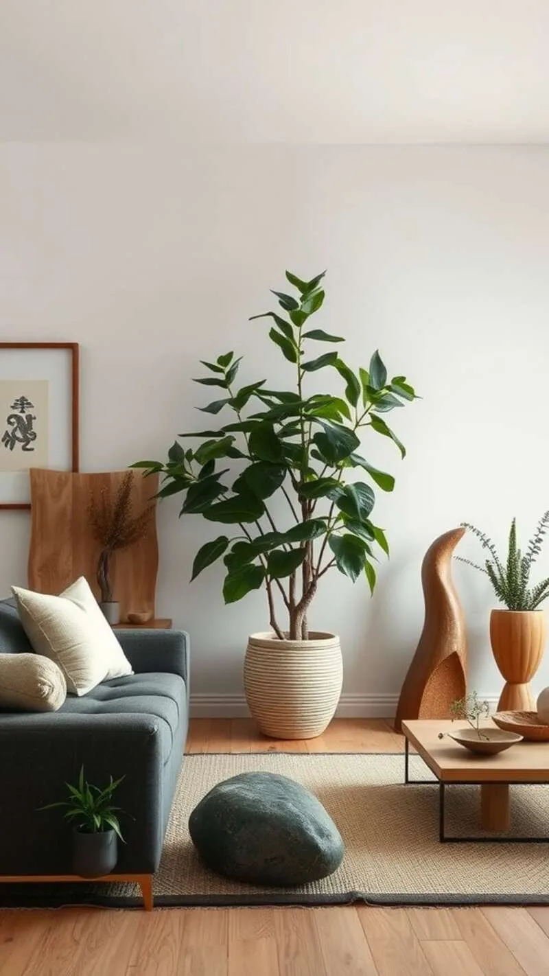19 Wabi-Sabi Living Room Ideas for a Cozy & Timeless Space 8 A cozy living room with natural decor elements, including a large plant and wooden accents.