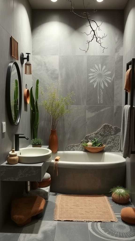 A serene bathroom featuring plants in natural pots, embodying a wabi-sabi aesthetic.