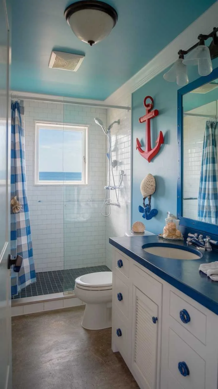13 Blue and White Bathroom Ideas for a Fresh Look 12 Bright bathroom with nautical decor featuring blue beams, shells, and anchors.