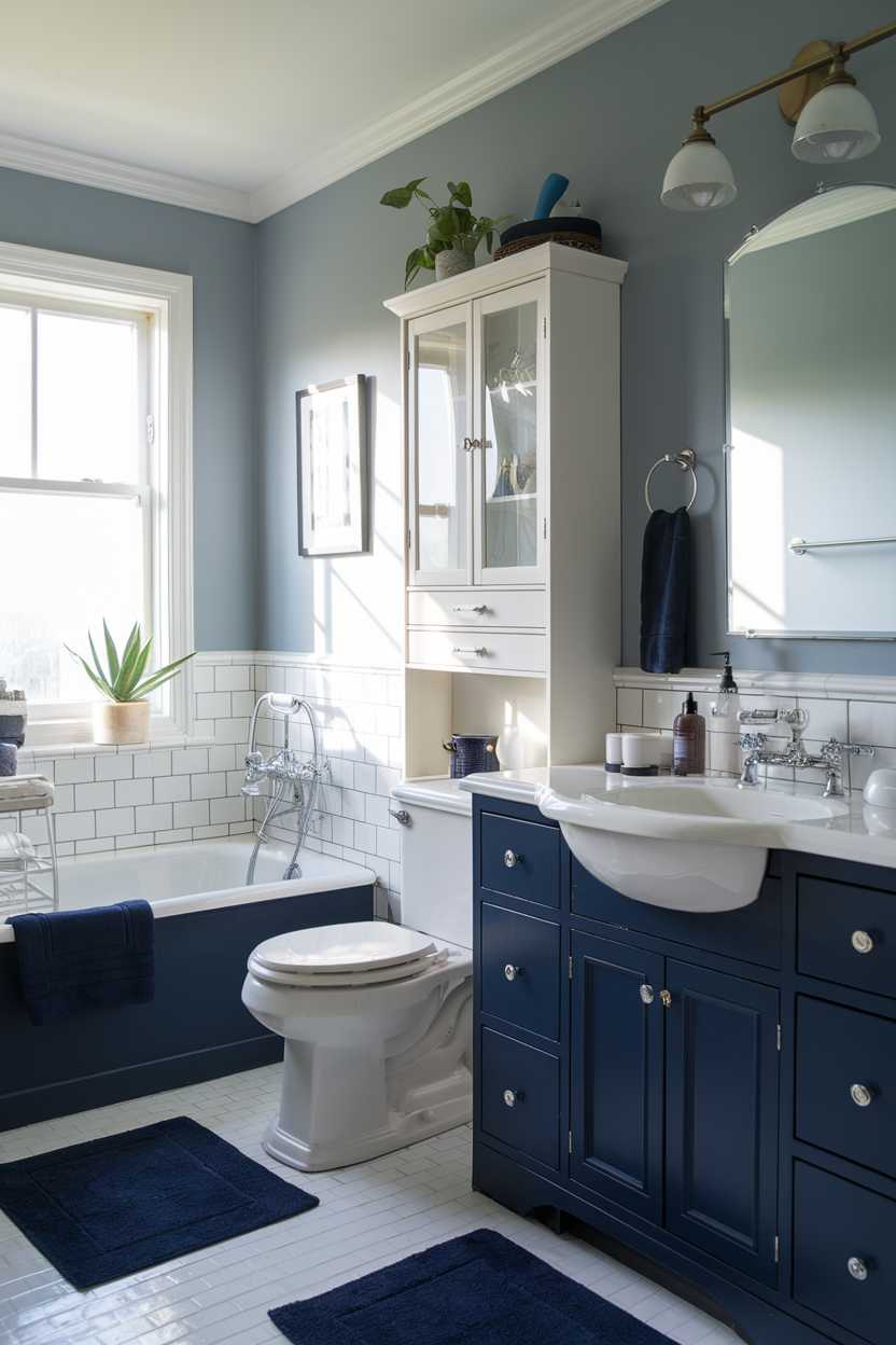 A navy blue bathroom