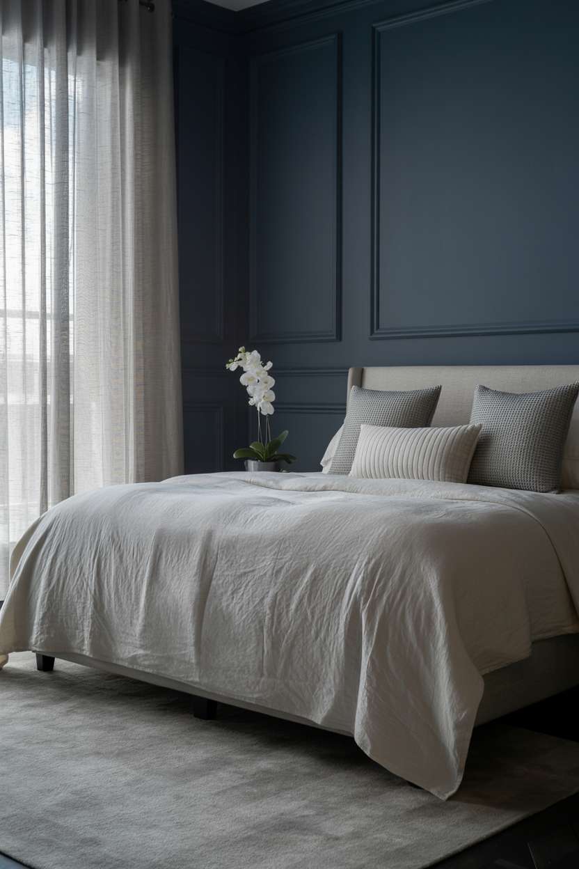 Luxurious navy blue master bedroom with king-sized bed, white linens, silver paneling, and orchid centerpiece