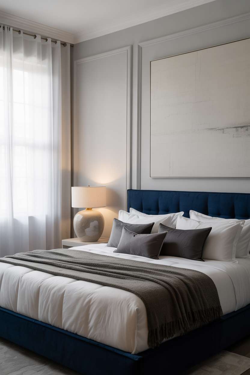 Stylish navy bedroom with white linens, dark grey pillows, abstract painting, and ceramic bedside lamp
