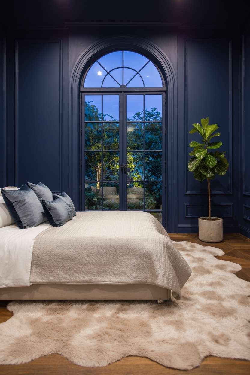 Navy blue bedroom featuring velvet pillows, arched window with garden view, and fiddle-leaf fig plant