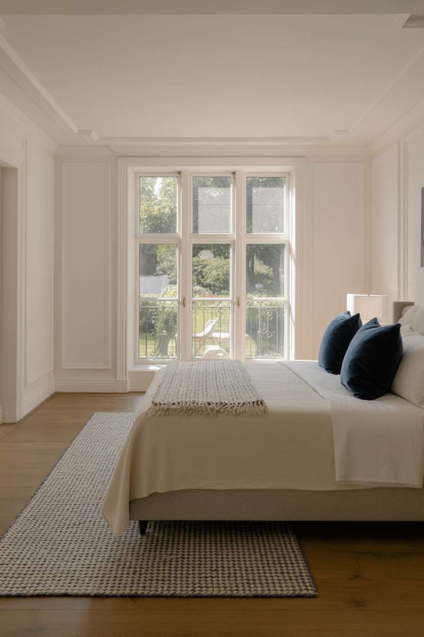 Spacious master bedroom with navy blue accent pillows, crown molding, and garden views