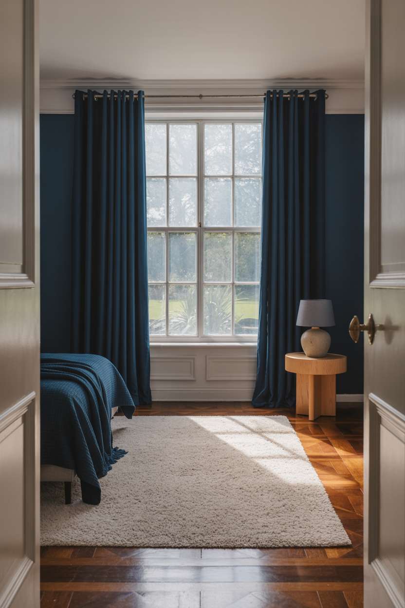 Master bedroom with navy blue curtains, cream rug, and misty garden window view