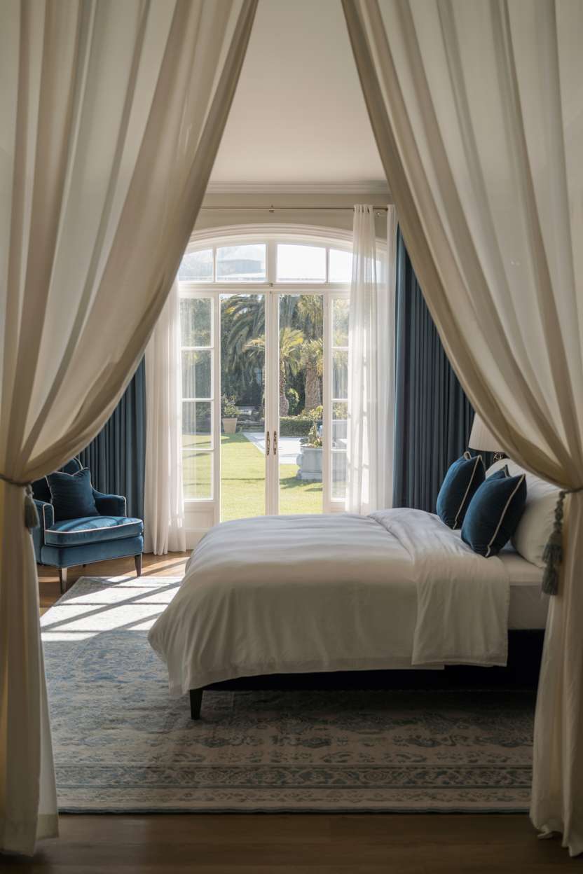 Luxurious bedroom with navy and white bedding, patterned area rug, and manicured garden view