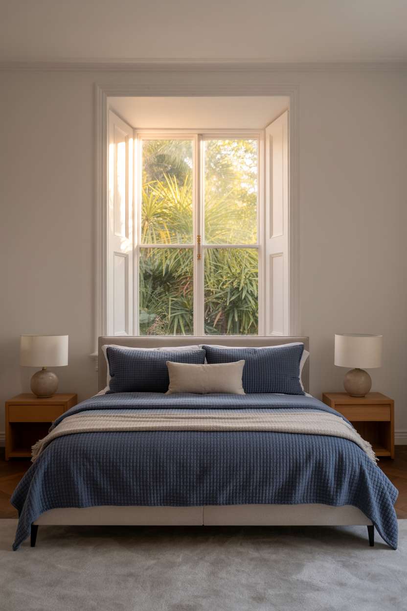Master bedroom with navy bedding, wooden nightstands, and late afternoon sunlight