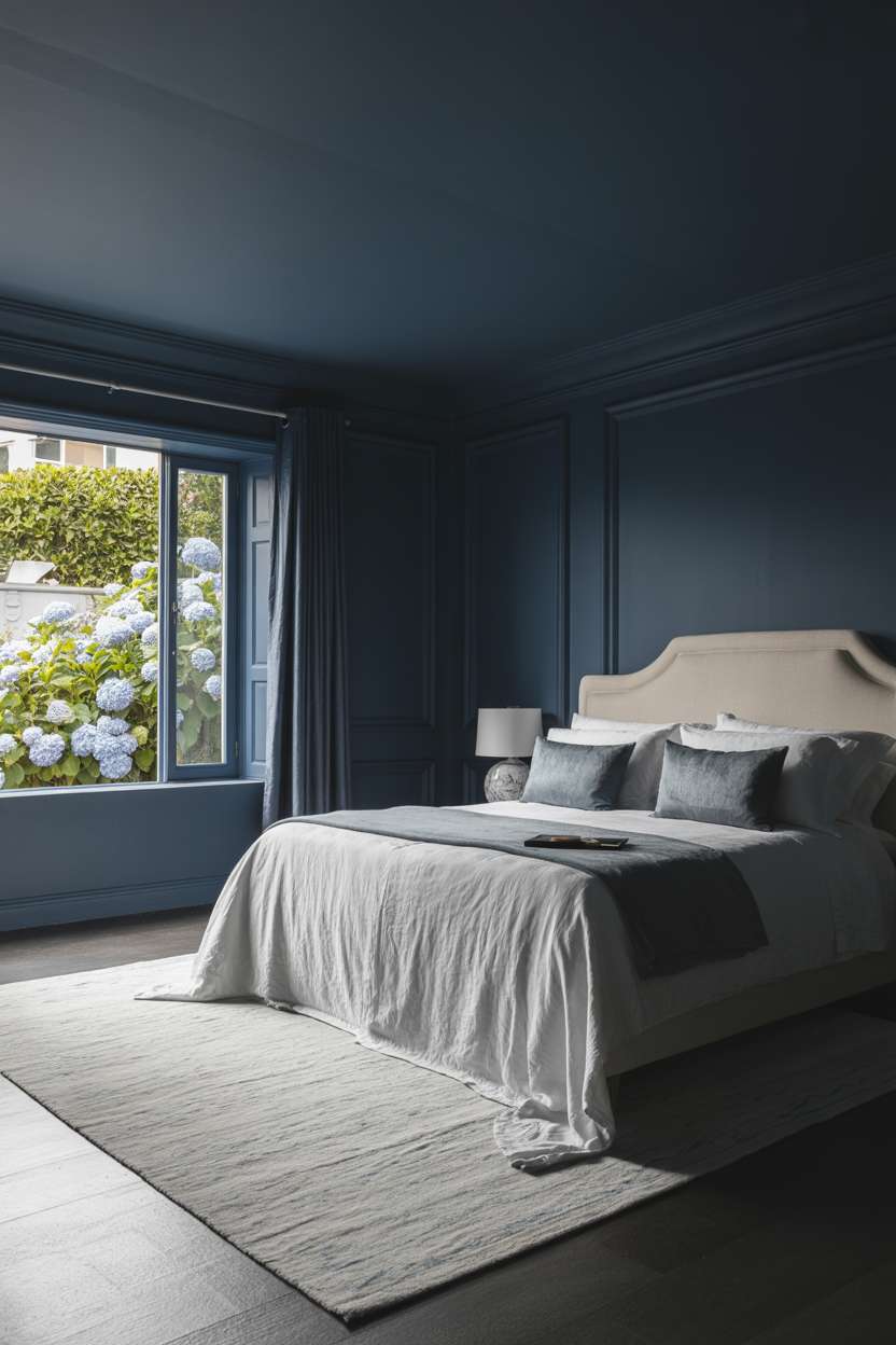 Bedroom with deep navy blue walls, white linen bedding, and hydrangea garden view